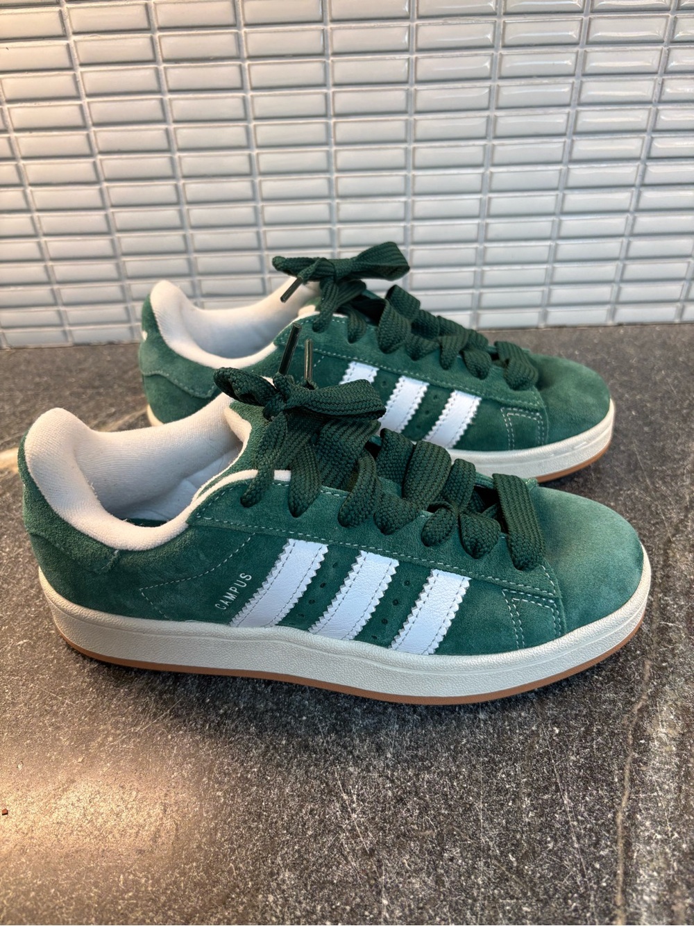 adidas Green Suede Campus Sneakers with White Stripes